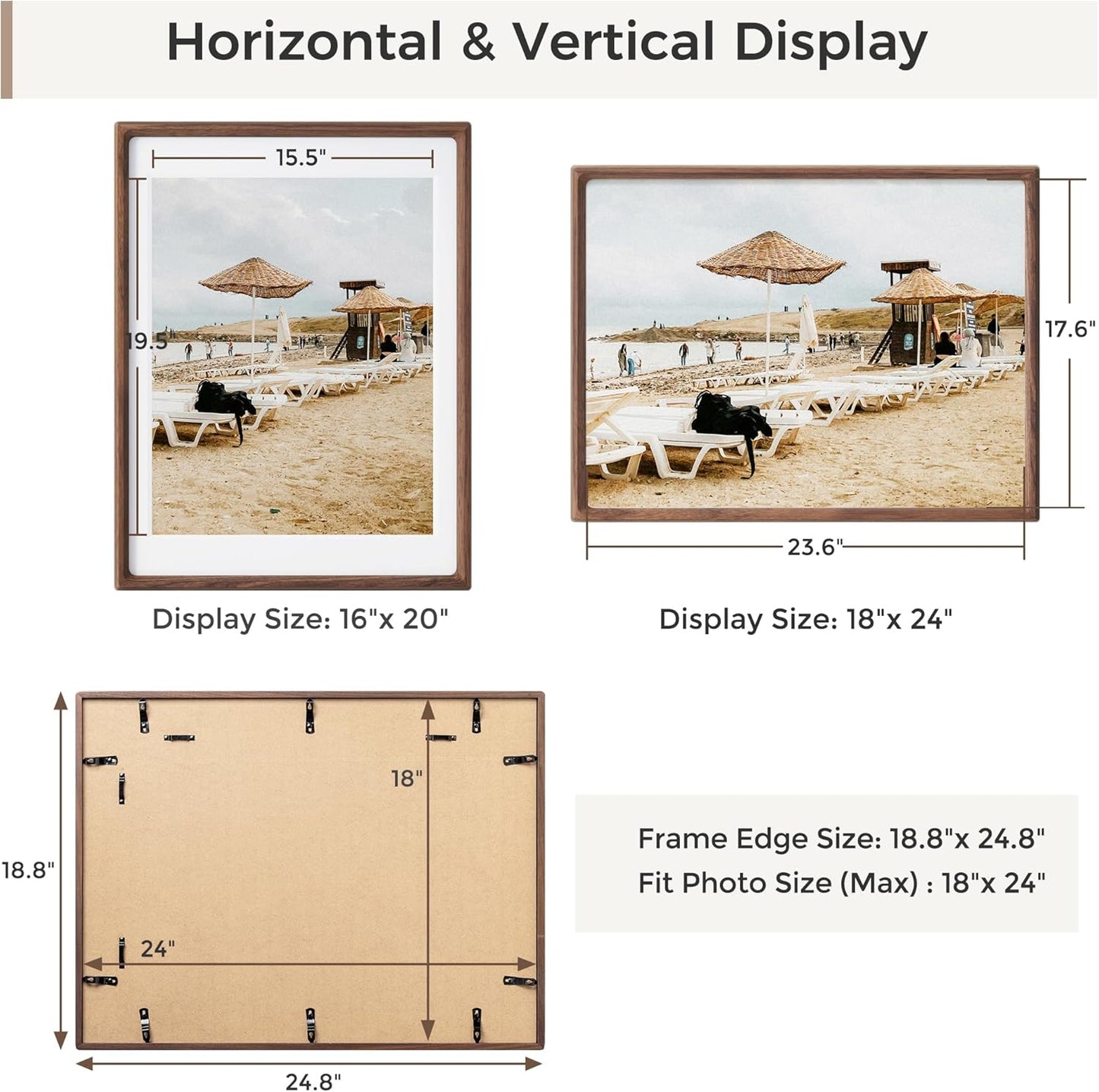 Heimlove 18x24 Picture Frames Natural Walnut,Original Wood Hand Make Crafted Poster Frame with Mat to 16x20 Graduation Picture Display,Family Picture,Wedding Picture,Photo,Document Wall Mounted