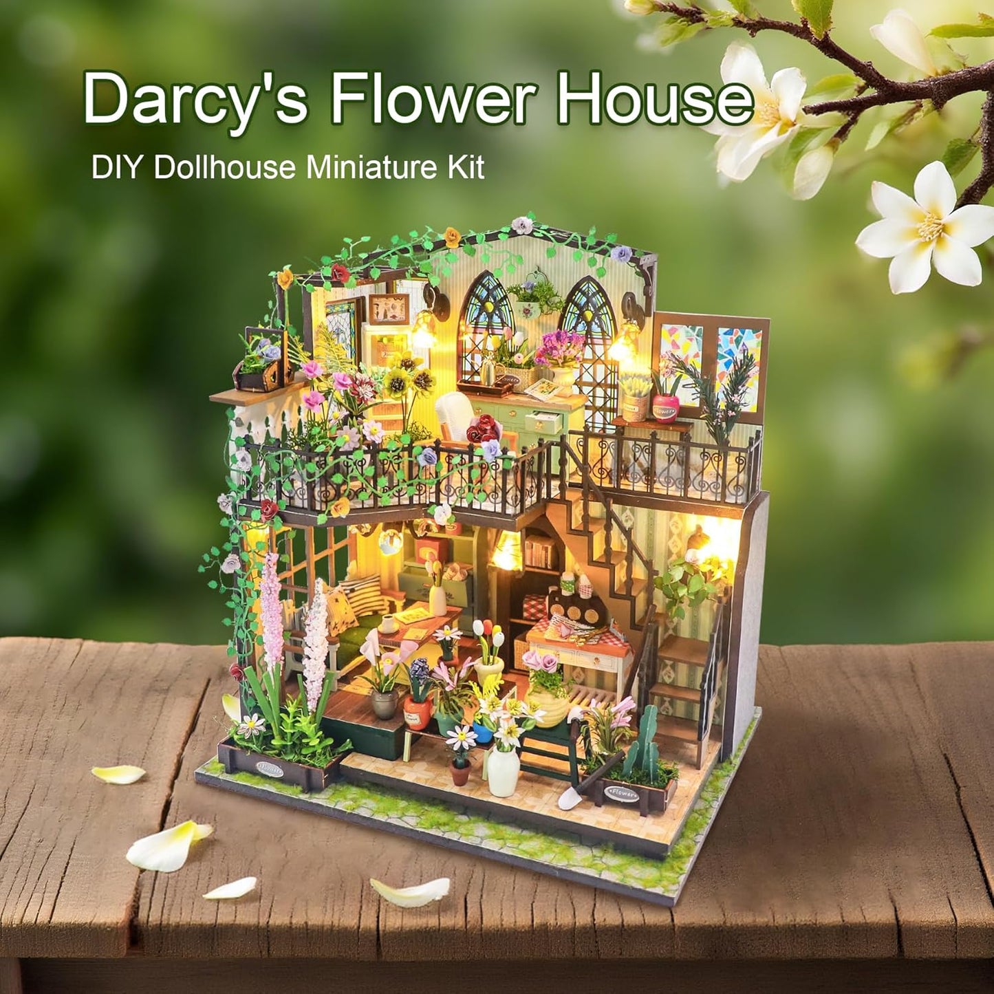 DIY Miniature Dollhouse Kit, Mini House Building Kit for Adults, Tiny House Making Kits with LED Light, Hobby Craft Christmas Decorations Birthday Gifts for Adults (Flower House)