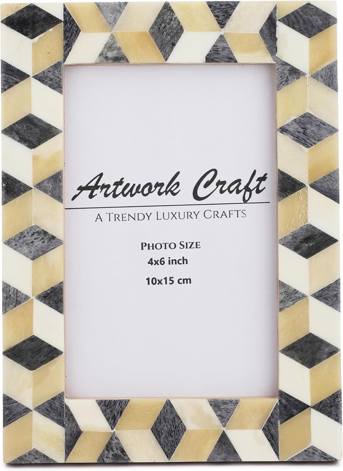 Handmade Bone Photo Frame 4x6 – Rustic Vintage Chevron Design, Boho Cube Grey & White Picture Frame for Tabletop or Wall Décor