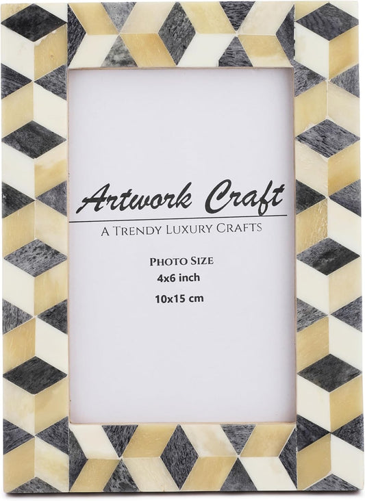 Handmade Bone Photo Frame 4x6 – Rustic Vintage Chevron Design, Boho Cube Grey & White Picture Frame for Tabletop or Wall Décor