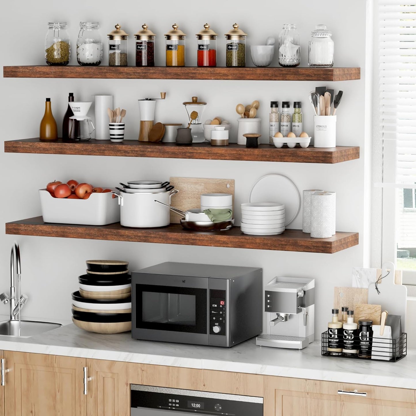 Fun Memories 55 Inch Floating Shelves - 12 Inch Deep Rustic Wooden Wall Shelves - Extra Deeper & Thicker Wall Mounted Storage Shelf for Living Room, Kitchen, Farmhouse - 55" W x 12" D x 1.8"H - Brown