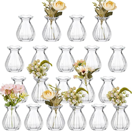 20 Pieces Glass Bud Vases for Centerpieces Bulk Mini Flower Bouquets Vases Small Cute Crystal Ribbed Clear Glass Bud in Bulk for Wedding Baby Bridal Shower Table Party Home Decor