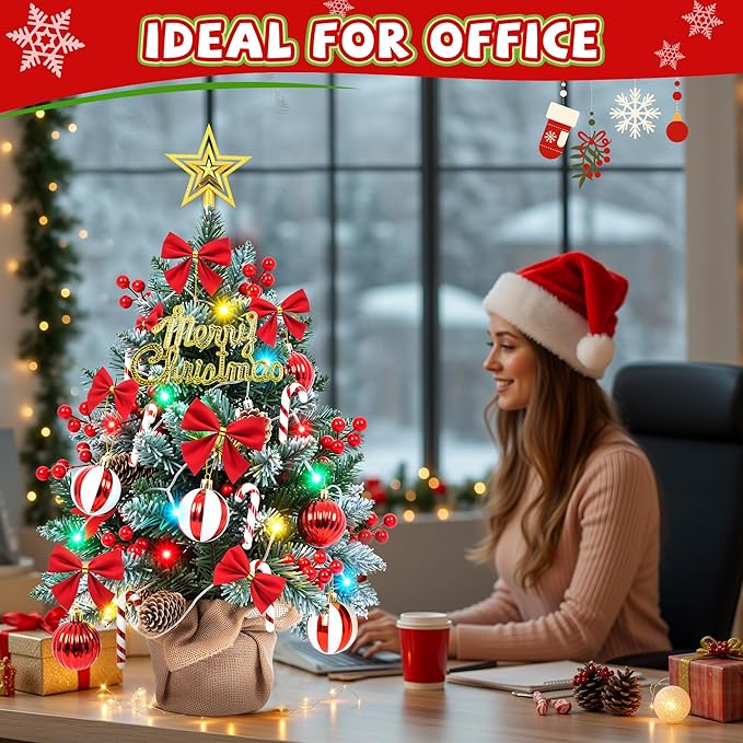 2FT Tabletop Mini Christmas Tree with Colorful LED Lights,DIY Ornaments,24 Inch Small Artificial Pine Tree with Star Topper, Battery Operated Desktop Xmas Tree for Home Office Holiday Decorations Gift