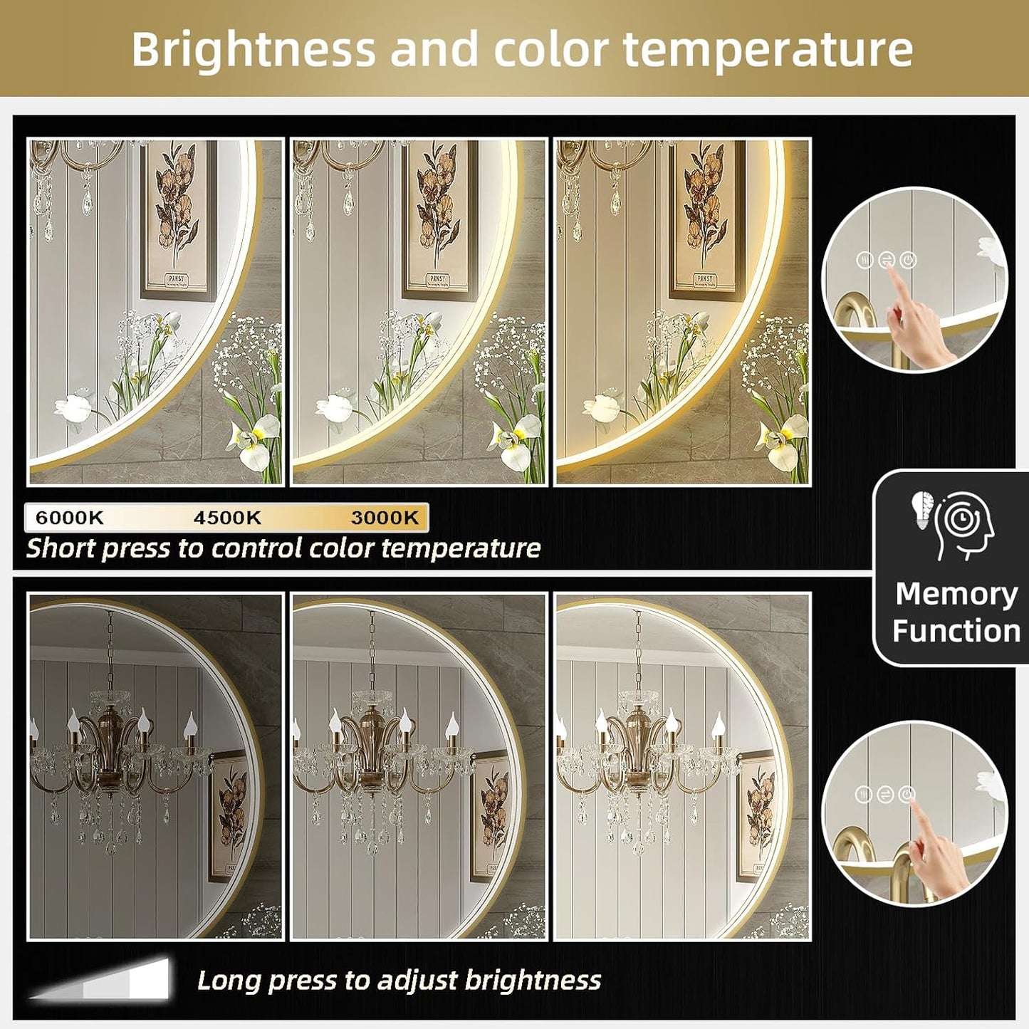 LED Bathroom Mirror with Gold Framed 28 Inch, LED Mirror for Bathroom with Anti-Fog, Stepless Dimmable, Front Lit, Memory Function, Shatter-Proof