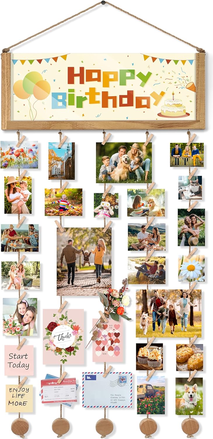 Bikoney Rustic Picture Frames Collage Wall Decor - Happy Birthday Banner Photo Hanging Display for Dorm Room Home with Gift Card Storage and 30 Clips