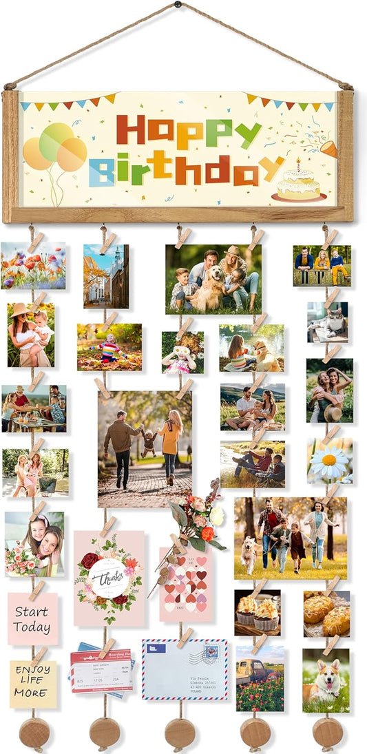 Bikoney Rustic Picture Frames Collage Wall Decor - Happy Birthday Banner Photo Hanging Display for Dorm Room Home with Gift Card Storage and 30 Clips