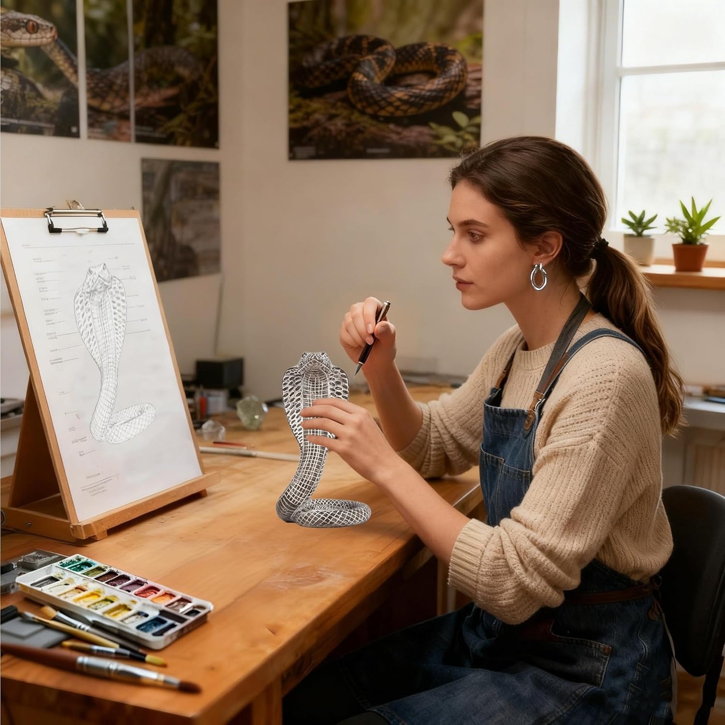 King Cobra Snake Statue Realistic Snake Resin Figurine Handcrafted, Indoor/Outdoor Animal Ornaments for Home Office Garden Yard Decor, Unique Gift for Collectors, Brown