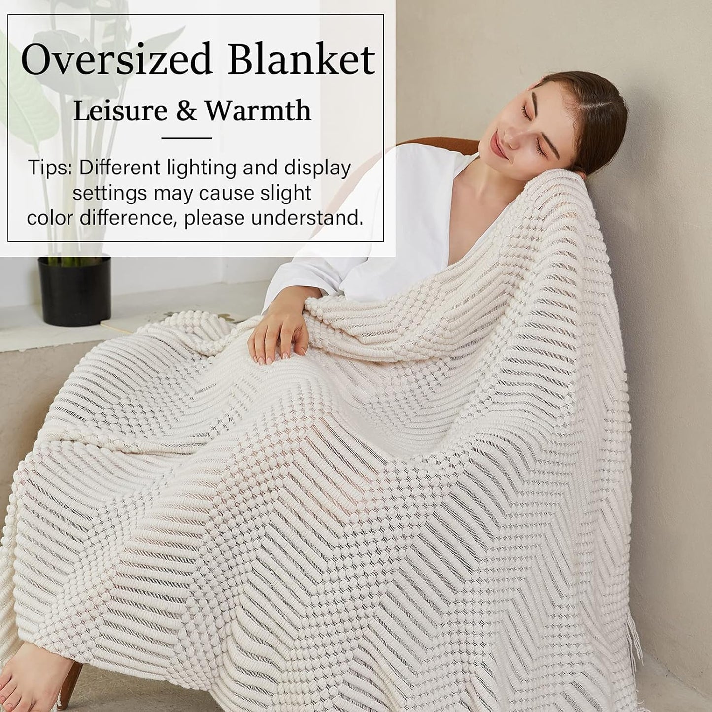 Blagic Knitted Throw Blanket for Couch Soft Farmhouse Boho Throw Blanket with Tassels Home Decorative Lightweight Throw Blankets,White Throws for Bed/Chair/Sofa, Pineapple Textured,60" W x 80" L