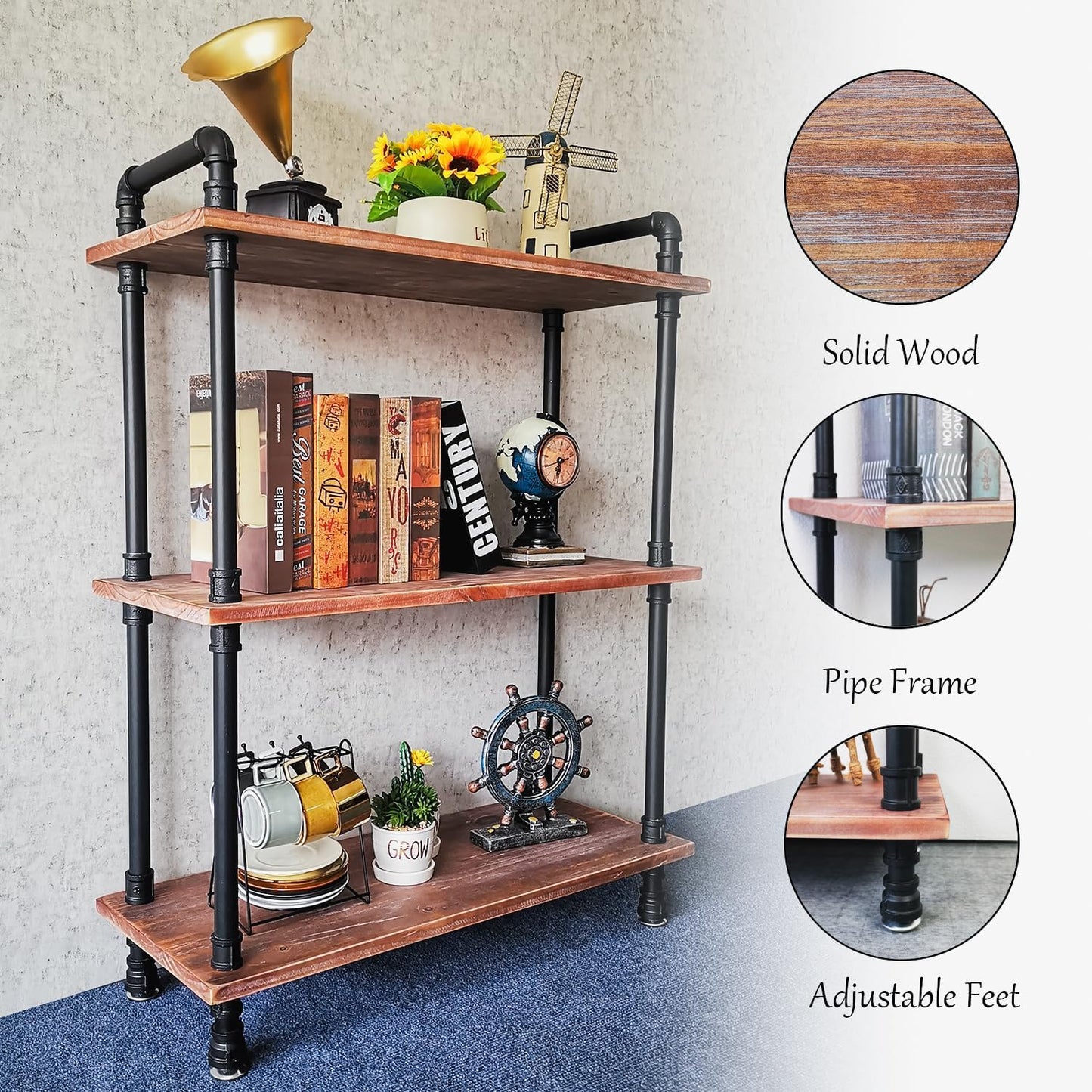 Industrial Bookshelf, 3 Tier Pipe Shelving, Industrial Pipe Shelf - Weathered Brown, 29.5" L x 11.8" W x 39" H