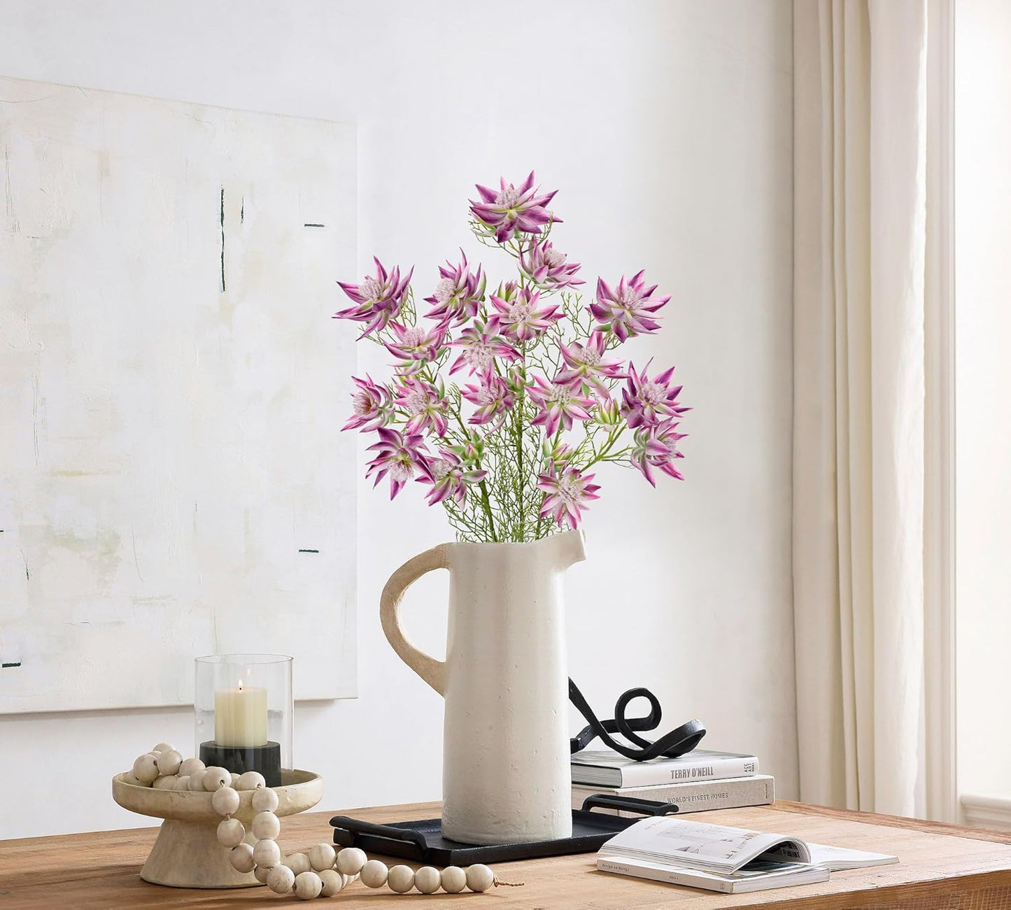 Hollyone 3Pcs Purple Artificial Flowers Silk 26.3" Fake Protea Flower with Long Stem Faux Flowers Arrangement Branch with 6 Heads for DIY Wedding Party Table Centerpiece Floral Bouquets Home Decor