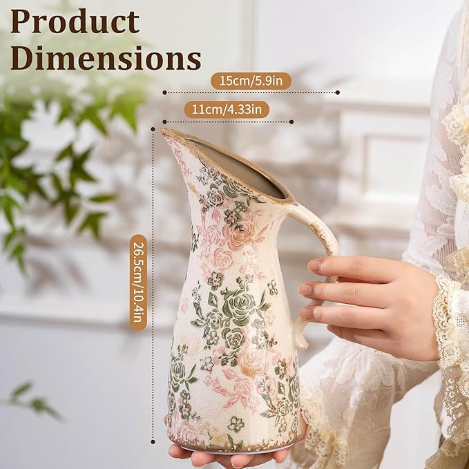 Vintage Ceramic Pitcher Vase with Handle, Farmhouse Green and Pink Large Floral Vases, Chinoiserie Decorative Vase, Rustic Table Centerpiece for Home Decor Living Room, Bookshelf, Office 10.5 Inch
