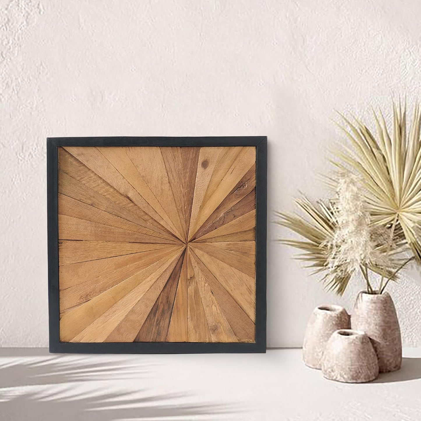 Greenage Natural Teak Wood Wall Decor 17"x17" Rustic Farmhouse Sunrise Pattern Wall Art Hanging Decoration Textured Wooden Frame Wall Panel for Home Living Room Bedroom Meeting Room