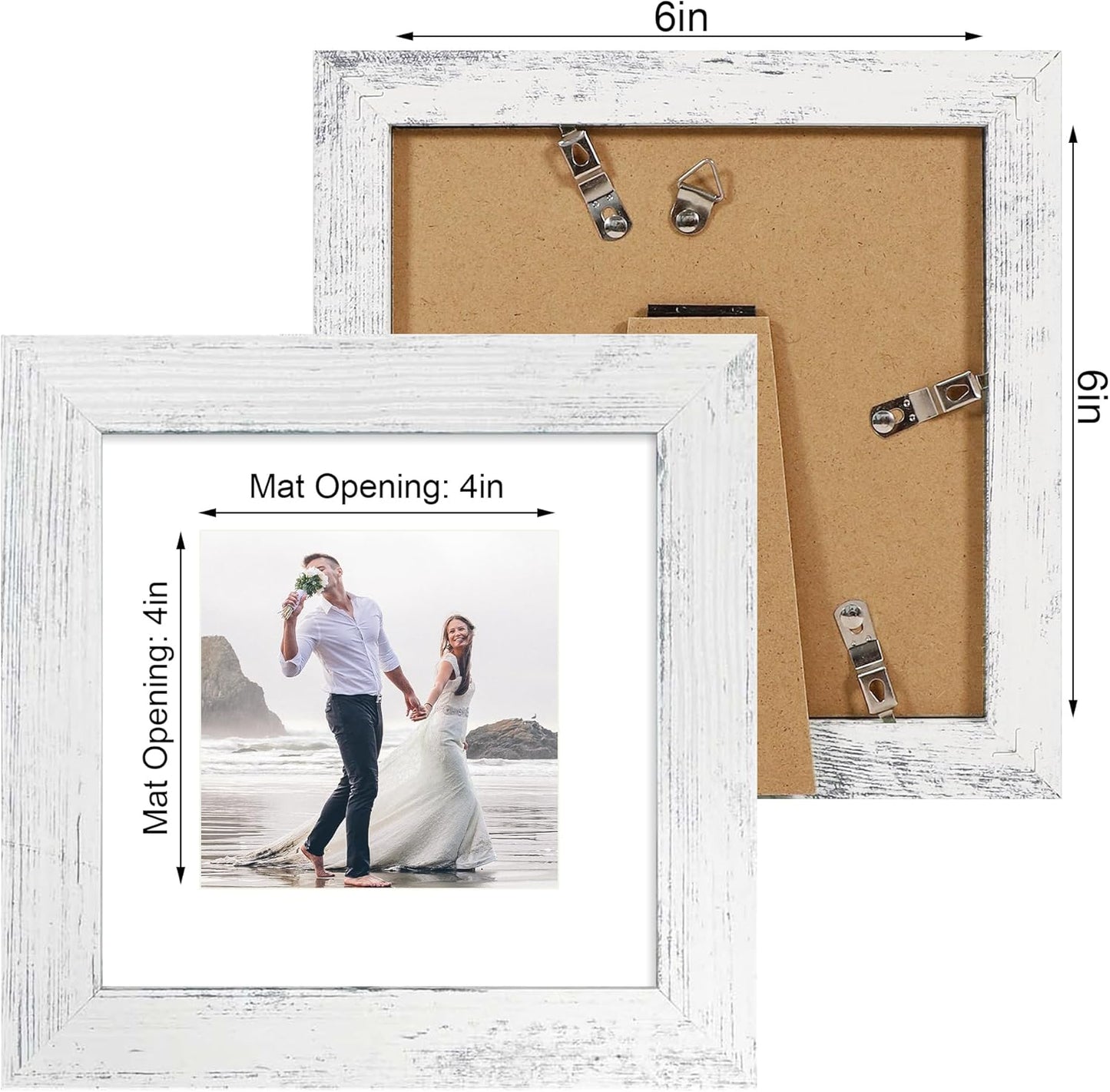 iRahmen 6x6 Picture Frame Set of 4 with High Definition Glass, Distressed White Frames Display 4x4 Picture with Mat or 6 x 6 Without Mat, Wood Square Photo Frame for Wall Mount and Tabletop Display