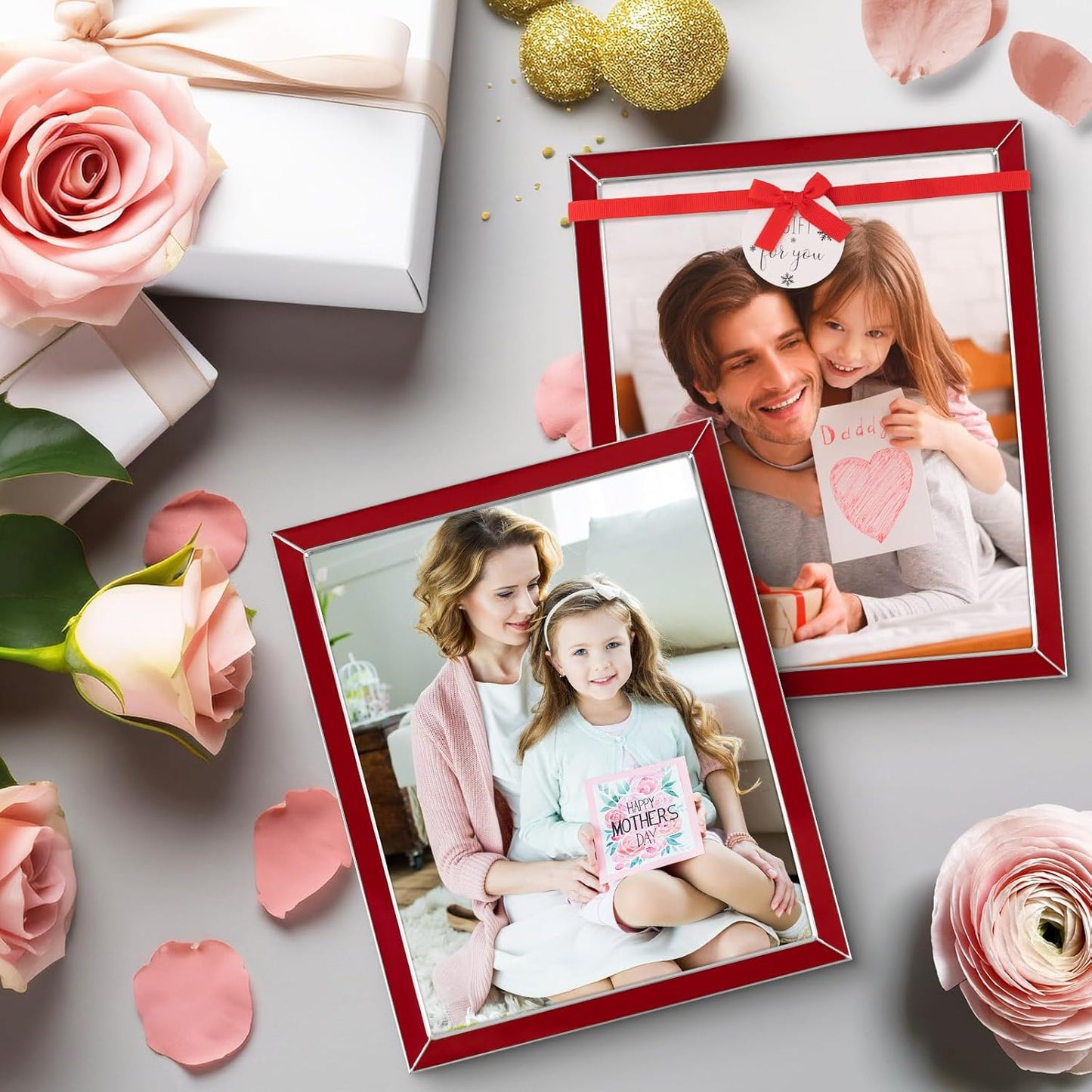 Frametory Enamel Picture Frame - 8x10 Silver Metal Edge Red Enamel Picture Frame With Easel and Velvet Back for Tabletop Display, Bookshelf, 8x10 Wall Decoration, Photo Frames, Picture Display-2 Set