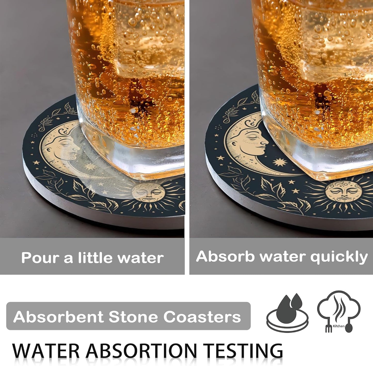 Drink Coasters for Drinks Set of 6,Golden Sun and Moon Absorbent Round Ceramic Stone Mat Coaster,with Cork Base and Metal Holder, Home Bar Decor House Warming Gift