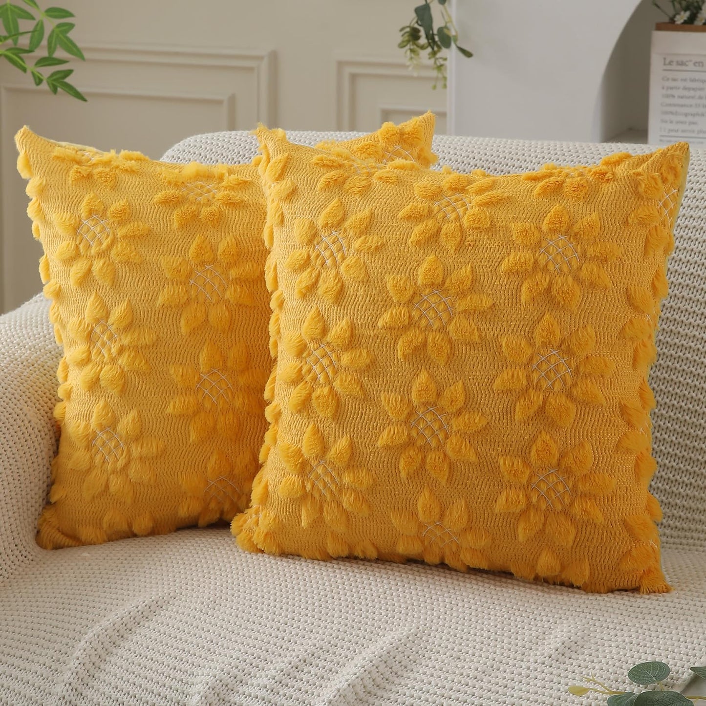 DFXSZ Spring Summer Pillow Covers 18x18 inch Set of 2 Farmhouse Decor White Flower Heart Sunflower Yellow Soft Plush Faux Fur Jacquard Throw Pillows for Sofa Holiday Spring Home Decor PTK024D18