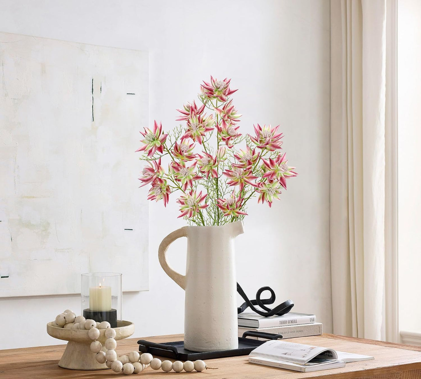 Hollyone 3Pcs Pink Artificial Flowers Silk 26.3" Fake Protea Flower with Long Stem Faux Flowers Arrangement Branch with 6 Heads for DIY Wedding Party Centerpiece Floral Bouquets Table Home Decor