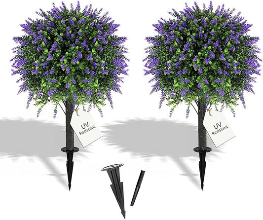 27.2" Artificial Lavender Topiary Set of 2 with Spike, Fake Plants Boxwood Balls Greenery Shrubs , Uv Resistant Artificial Push in Flowers Bushes for Outdoor Front Porch Decor, Home Faux Plants Indoor