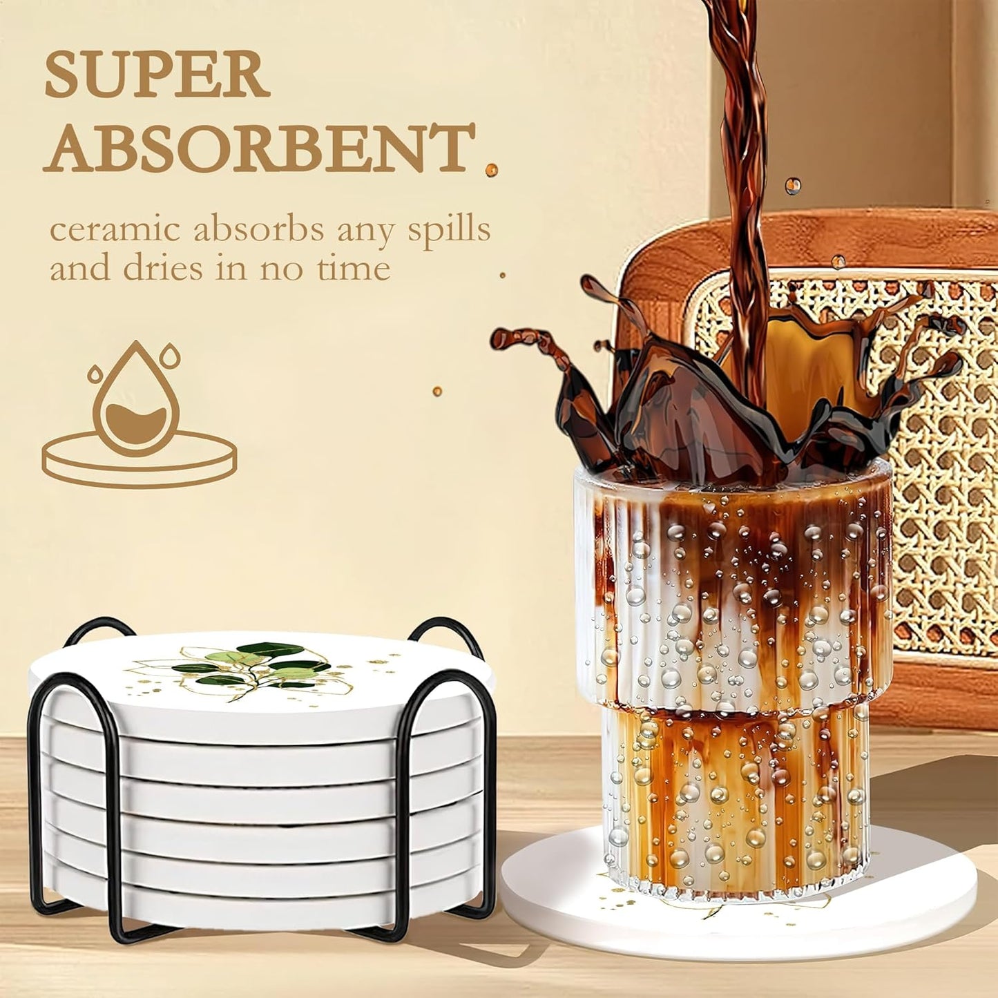 Coasters Set with Holder,Green Plants Absorbent Ceramic Coasters with Cork Base,Cute Funny Table Cup Mat 6 Pcs,Table Home Décor