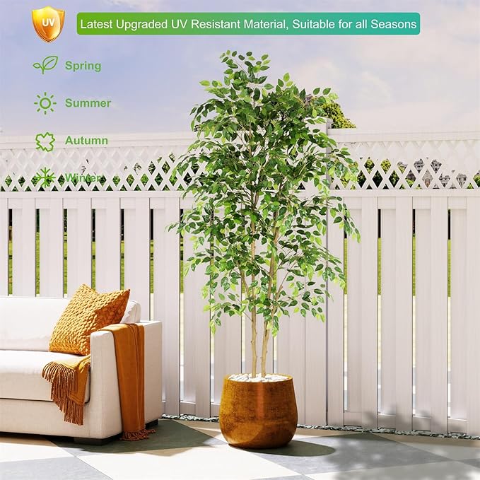 Tall UV Resistant Ficus Tree Artificial，6ft(72in) Faux Ficus Tree with Realistic Smooth and Shiny Leaves， Fake Trees Indoor Outdoor for Home Office Living Room Bedroom Foyer Porch Decor.