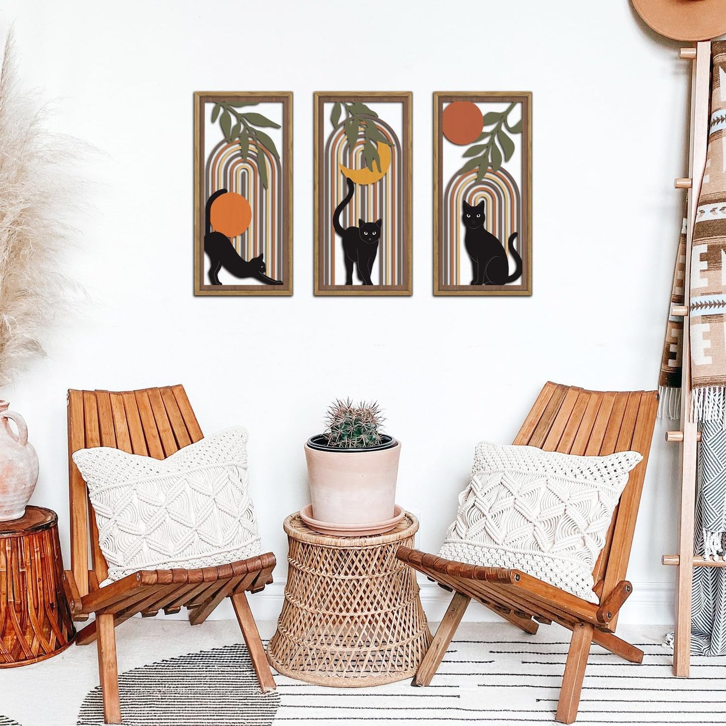 KAIRNE Boho Black Cat Wall Decor,Mid Century Bohemian Wooden Wall Art Set of 3(16”X8”),Farmhouse Geometric Hanging Wood Wall Decor,Abstract Moon Sun Leaves for Living Room Bedroom Nursery Decoration