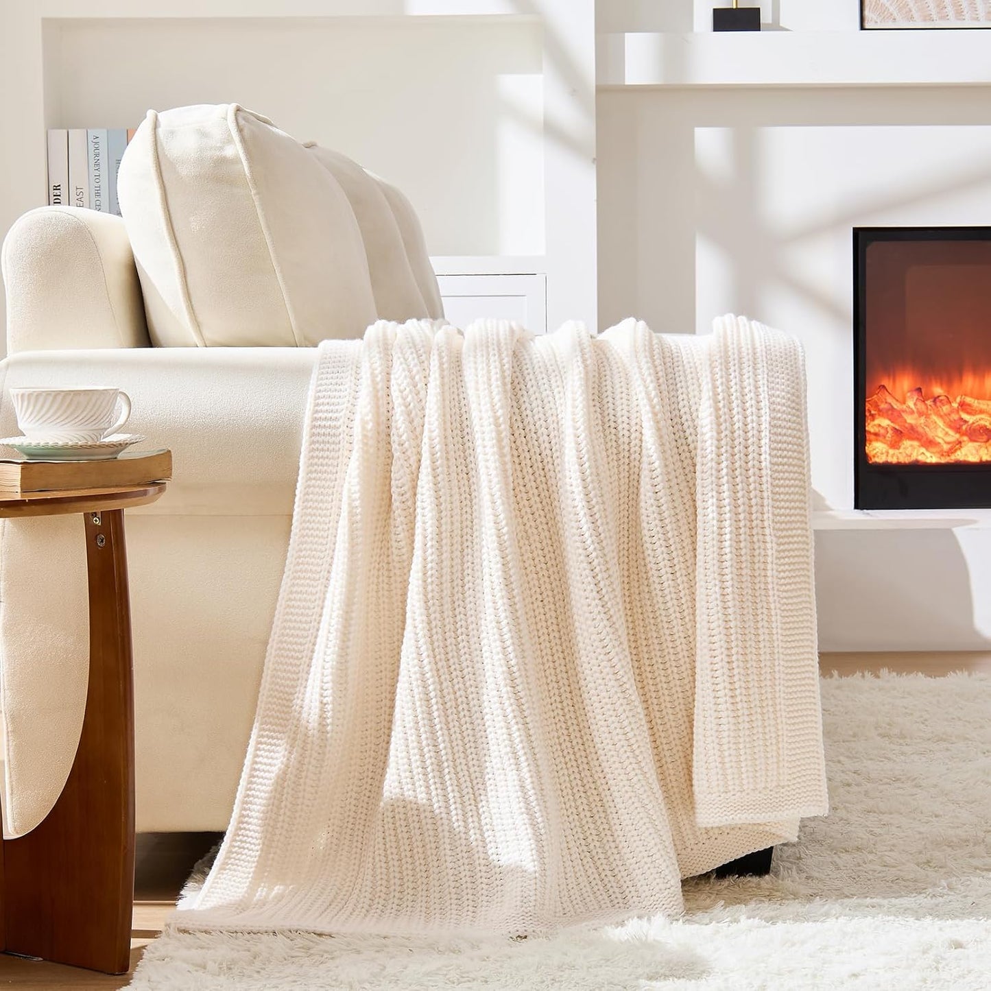 Chunky Knit White Throw Blanket for Couch Soft Cozy Thick Cable Knitted Throw Blankets for Sofa Bed Cute Decorative Christmas Throw Blanket for Living Room,50"x 60",Cream White