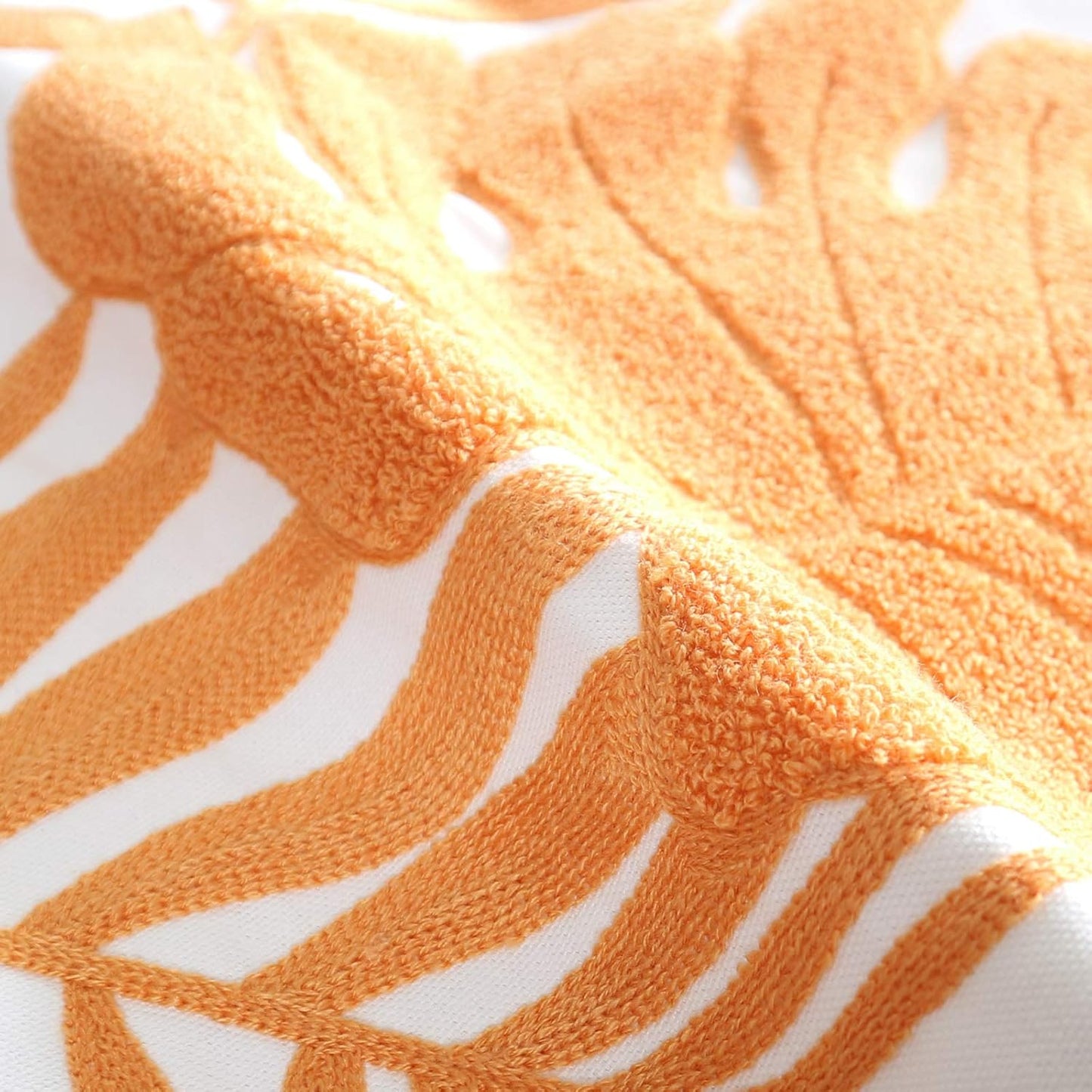 Embroidery Throw Pillow Covers 18x18 Home Decor Floor Pillow Cover for Couch Bed Chair 100% Cotton Loop Embroidered Orange Tropical Leaves Cushion Cover Square Pillowcase 45x45cm, 1 Piece