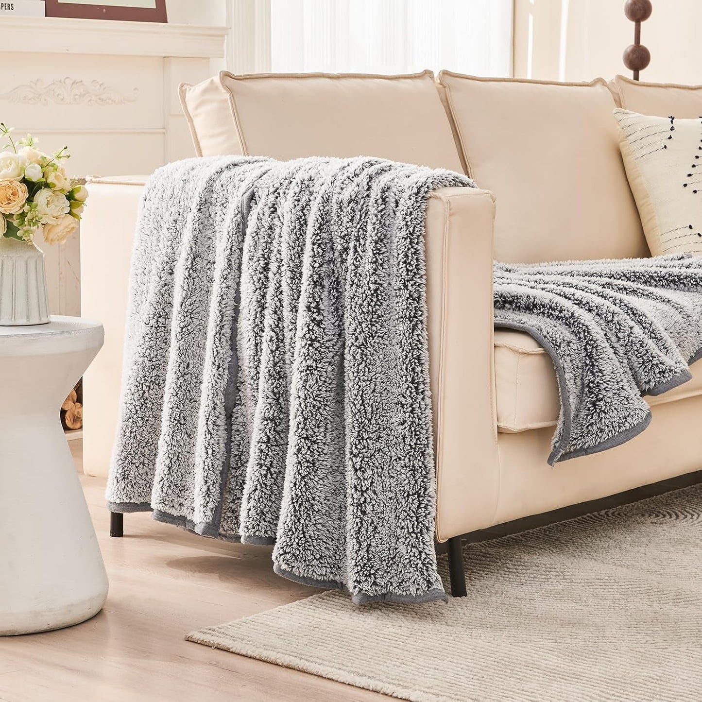 EMME Soft Sherpa Fleece Blanket Reversible Plush Fluffy Large Blanket, Light Weight Warm Decorative Boho Blanket Cover for Sofa, Couch, Bedroom,Travel(Plush Grey,60"x80")