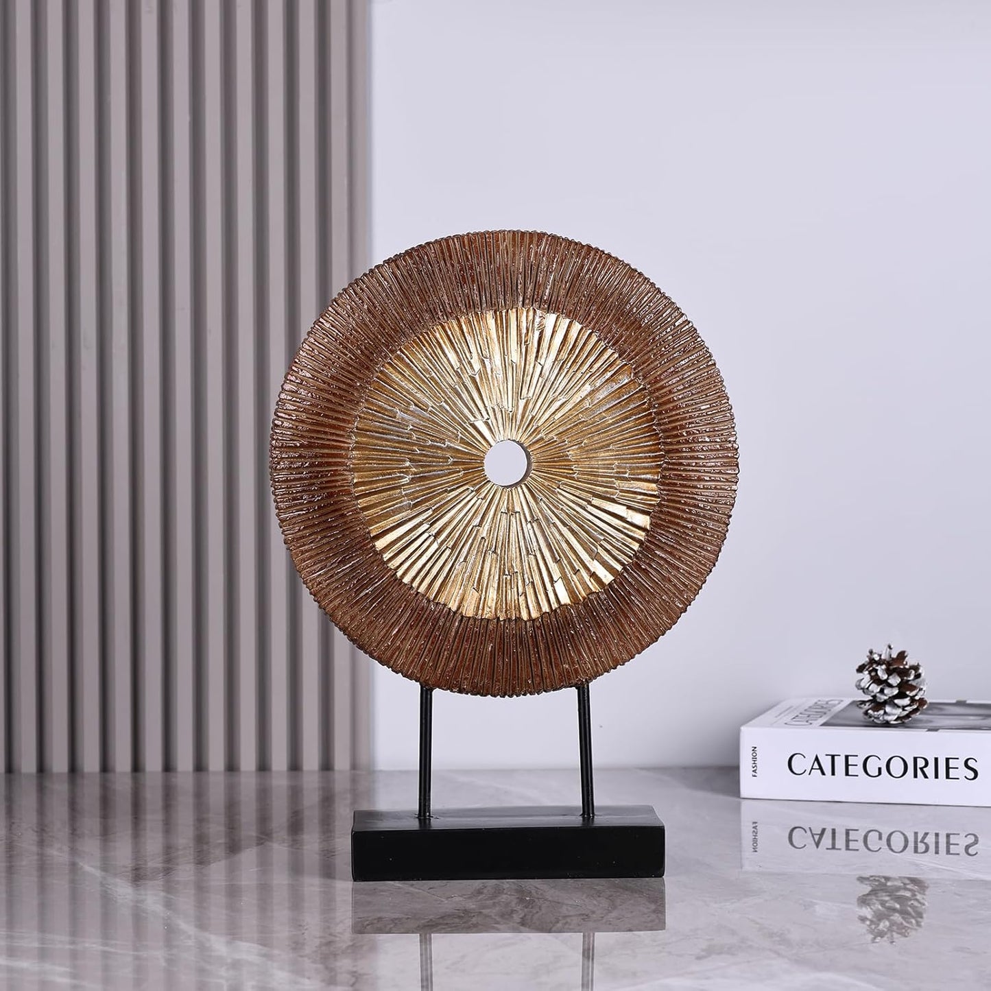 DOVDOV Wood Color Round Irregular line Statue, Unique Home Sculpture for Cabinet Above Coffee Table, entryway Table top TV Cabinet Dining Table Center Home Decor. (Yellow-Brown)