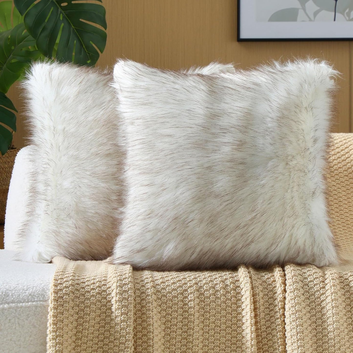 FUTEI Coffee White Decorative Throw Pillow Covers 20x20 Inch Set of 2,Soft Fluffy Faux Fox Fur Textured Cushion Case,Modern Home Decor for Couch Living Room
