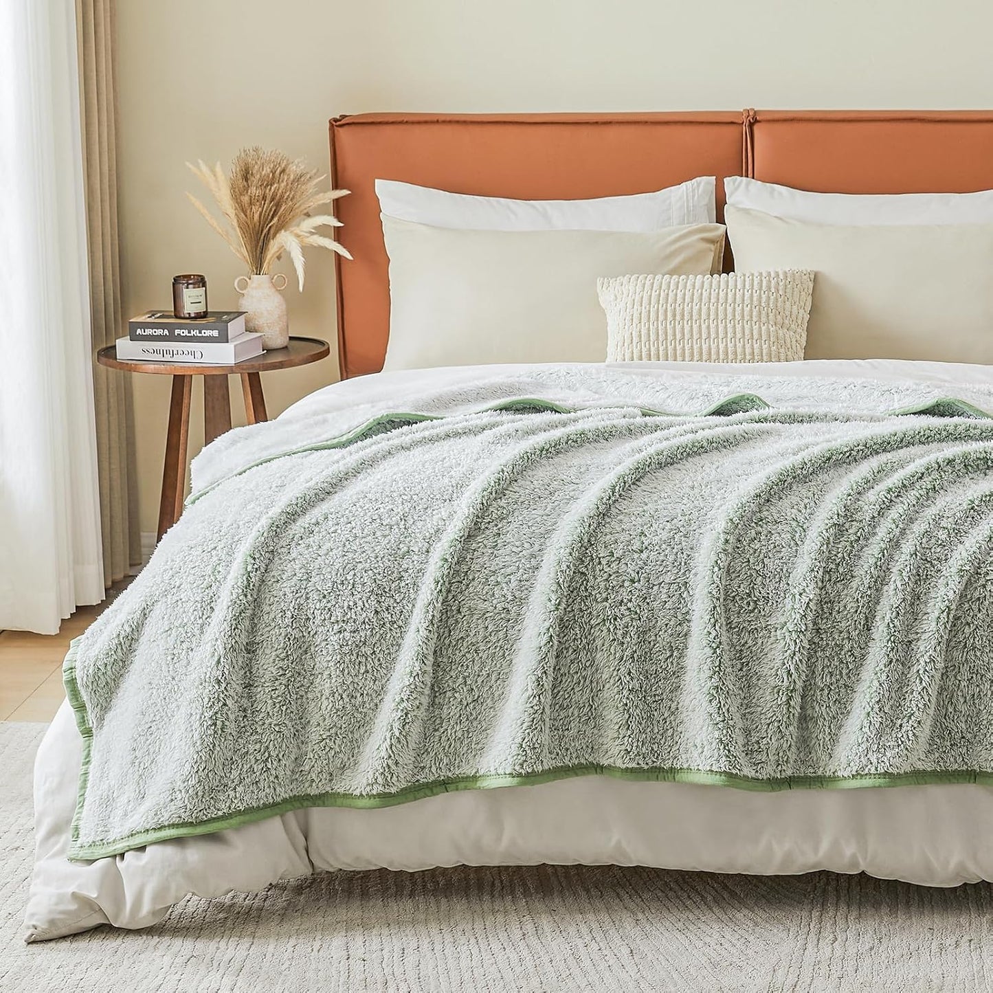 EMME Soft Sherpa Fleece Blanket Reversible Plush Fluffy Large Blanket, Light Weight Warm Decorative Boho Blanket Cover for Sofa, Couch, Bedroom,Travel(Plush Sage,60"x80")