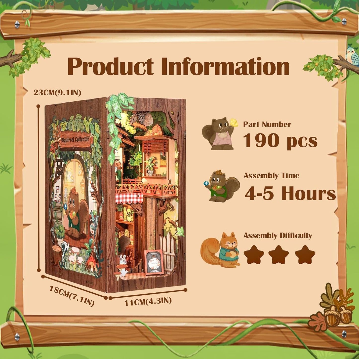 Cutefun Book Nook Kit, DIY Miniature Dollhouse Kit for Teens and Adults, 3D Wooden Puzzle Bookends with LED Light, Bookshelf Insert Decor with Dust Cover, Christmas Birthday Gifts (Squirrel Collector)