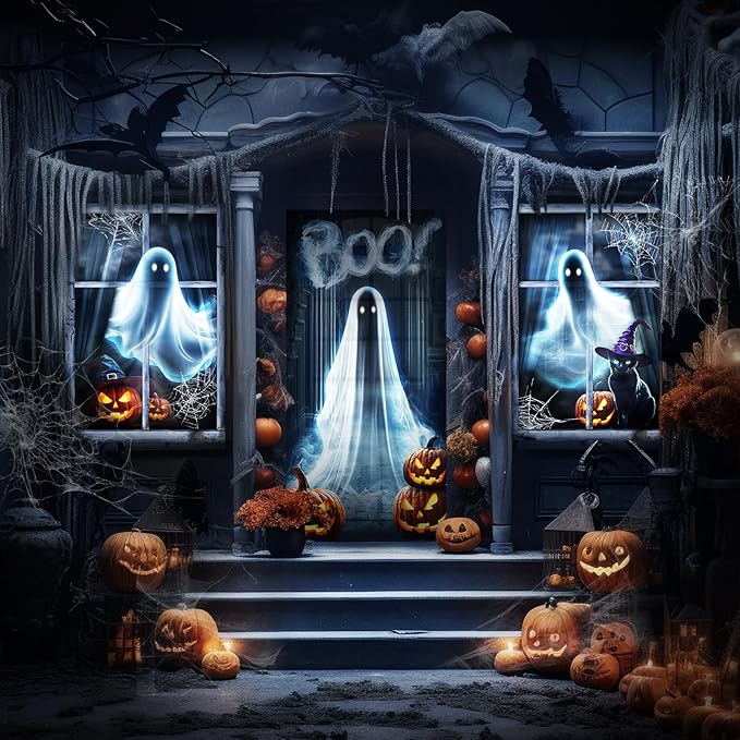 Tioncy 3 Pcs Halloween Window Door Covers Decorations Set Ghost Scary Halloween Window Curtains Boo Spider Web Pumpkin Pattern Banner Porch Indoor Outdoor Decoration