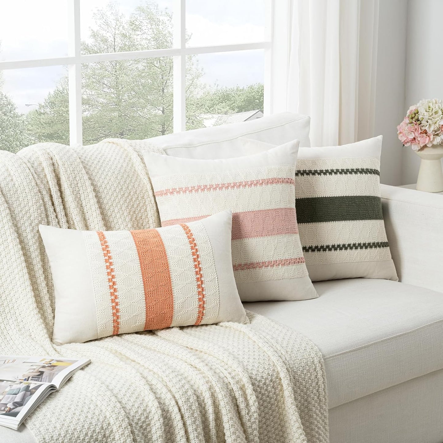 Fancy Homi Set of 2 Boho Coral Lumbar Decorative Throw Pillow Cover 12x20 Inch for Couch Bed Sofa Chair, Modern Organic Farmhouse Home Decor, Soft Cotton Cute Accent Rectangle Cushion Case