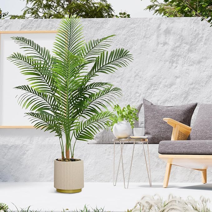 2 Pack Artificial Palm Tree Indoor Plant 5FT Tall Fake Tropical Palm Tree in Pot, Real Bark Design Faux Areca Palm Tree for Home Office Living Room Bedroom Farmhouse Modern Outdoor Topiary Tree