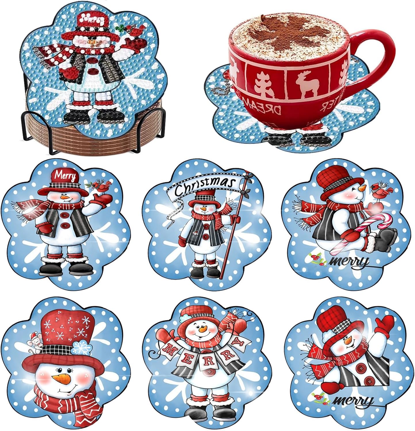 Meothan 6 Pcs Diamond Art Coaster Kits With Holder - Christmas Snowman Diamond Painting for Adults Beginners - 5D Gem Art Dots Paintings With Cork Pads - Crafts Supplies