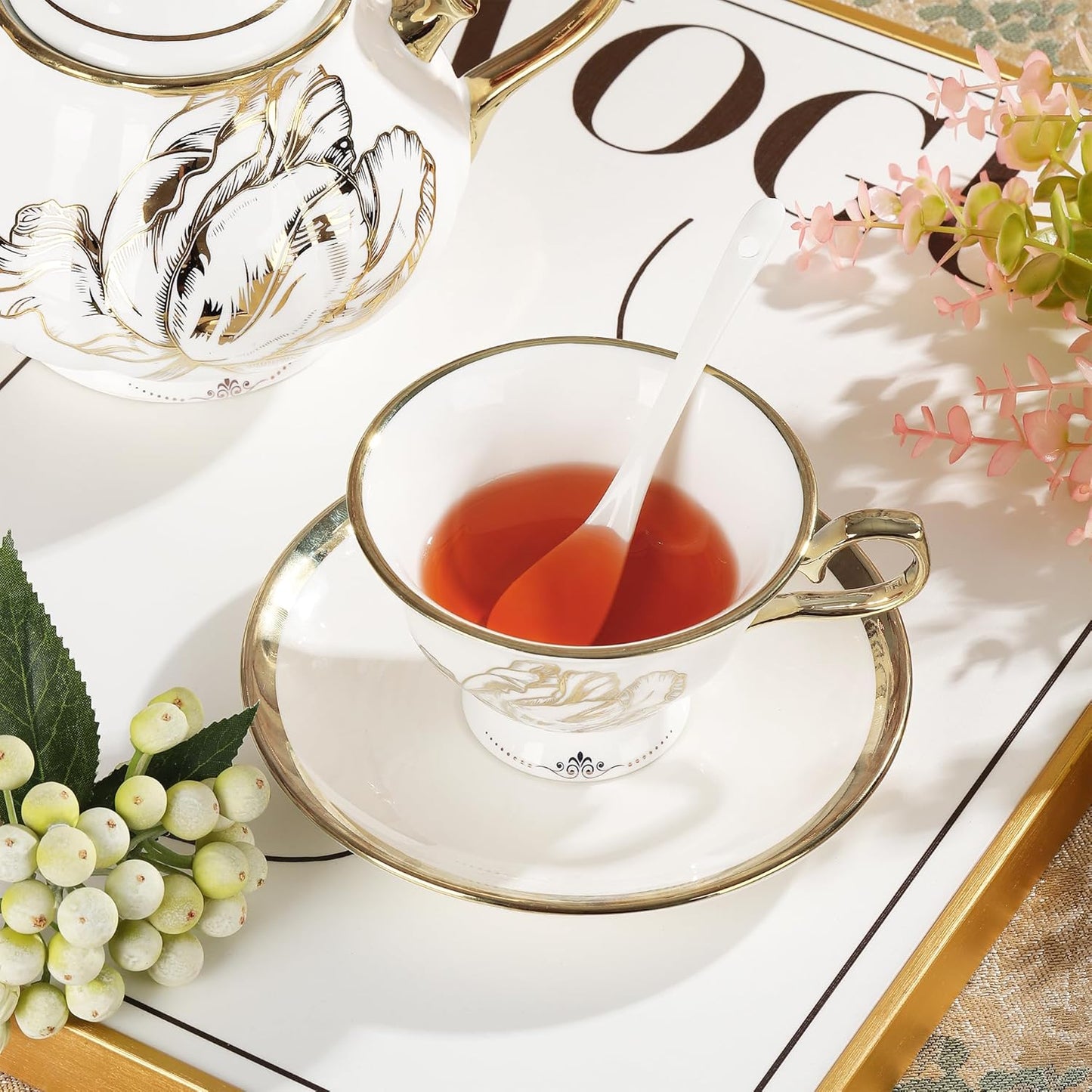 fanquare British Porcelain Tea Coffee Set 22 Piece New Bone China Gold Tulip Tea Service for Afternoon Tea, 6 TeaCup and Saucers with Metal Holder for Home Wedding Birthday