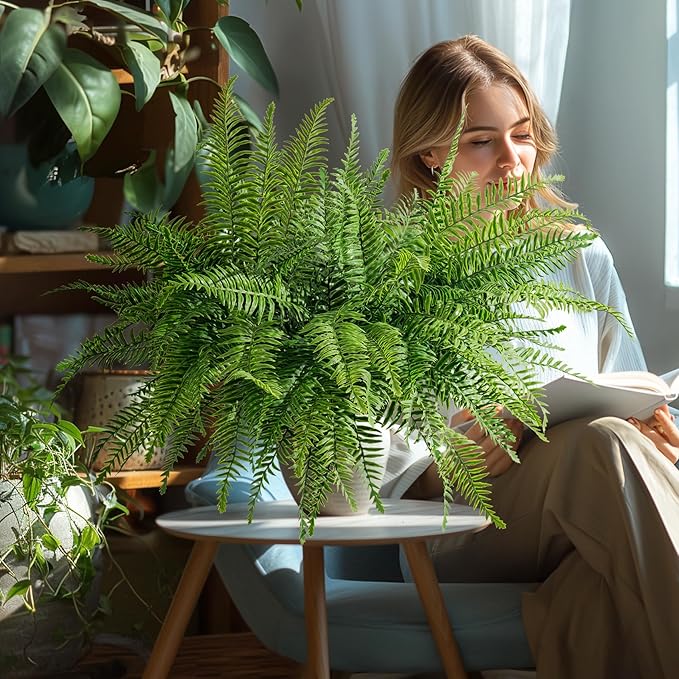 4PCS Artificial Boston Fern Fake Ferns Hanging Plant UV Resistant Inoor Outdoor Faux Shrubs 20Inch Large Faux Ferns Greenery Stems for Home Office Garden Decoration