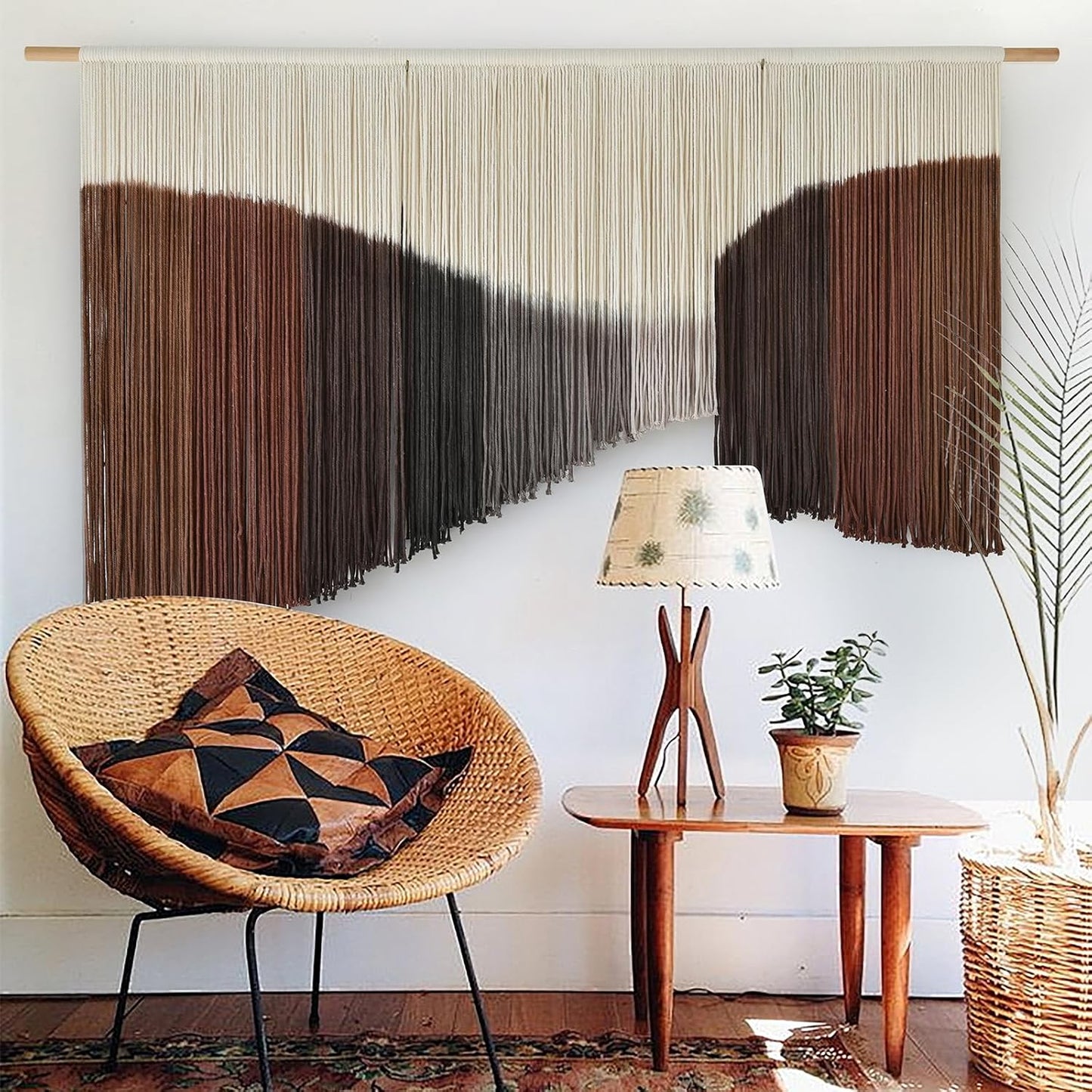 Jakalin Macrame Wall Hanging Geometric Dip Dyed Brown Red Dark Brown Boho Fiber Wall Decor for Living Room Art