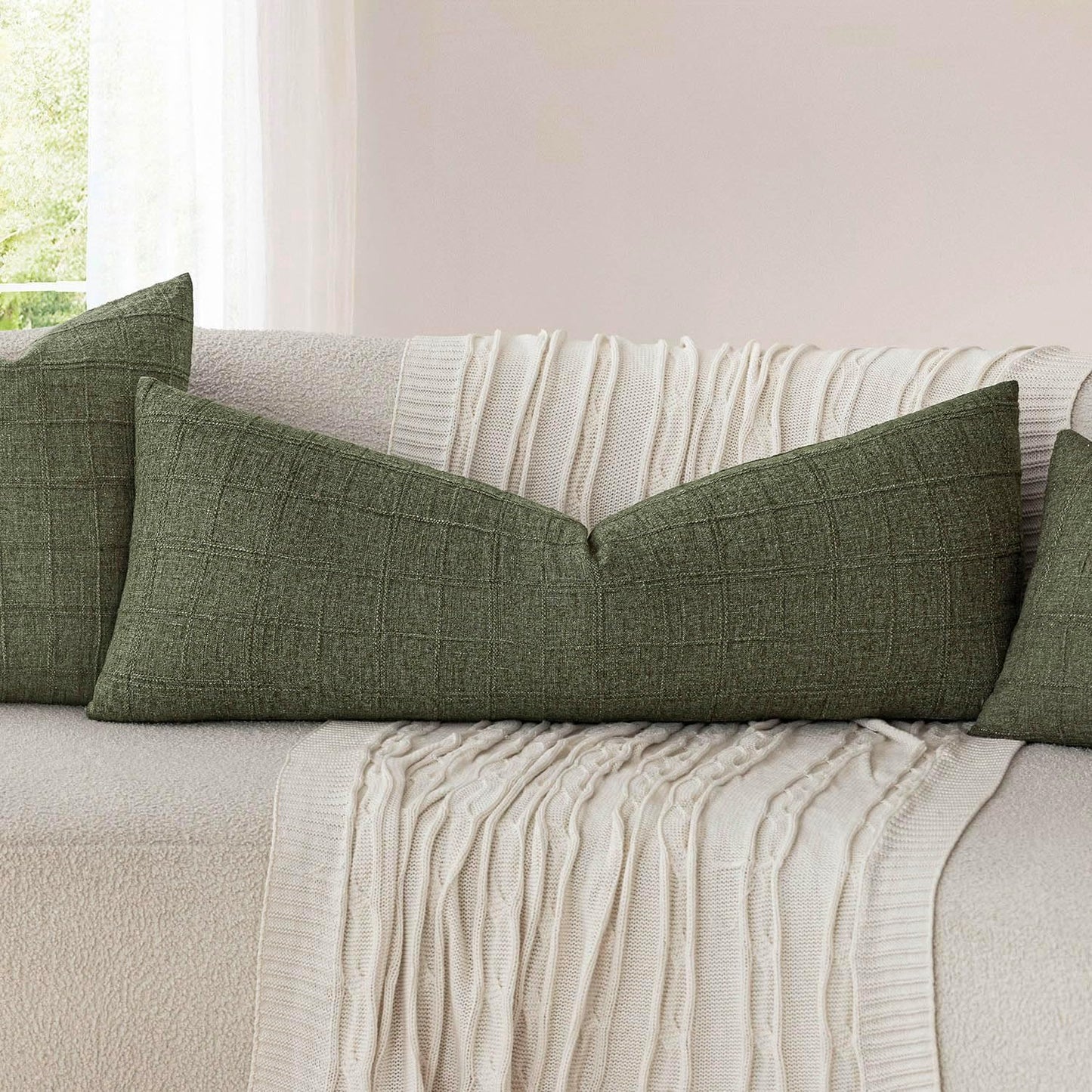 Foindtower Set of 2 Decorative Linen Check Throw Pillow Covers Neutral Farmhouse Lumbar Cushion Covers Modern Boho Home Decor for Sofa Chair Couch Bedroom Living Room,12×24 Inch,Olive Green