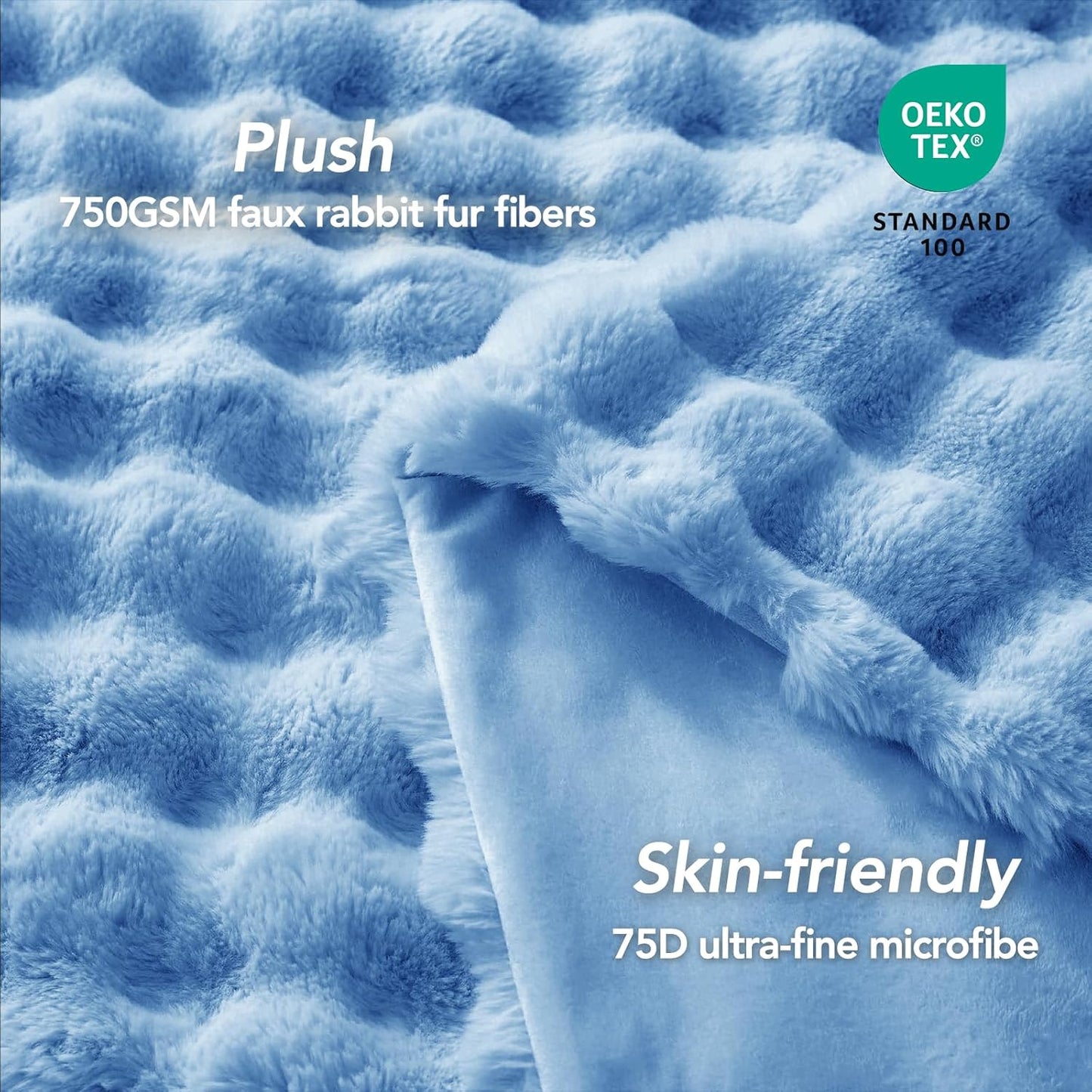 L'AGRATY Faux Fur Throw Blanket: 50" x 60" Luxury Soft Fluffy Rabbit Fur Blankets Twin for Couch Bed Sofa - Cozy Plush Bubble Blankets for Winter: Flannel Fleece Decorative Blanket(Airy Blue)