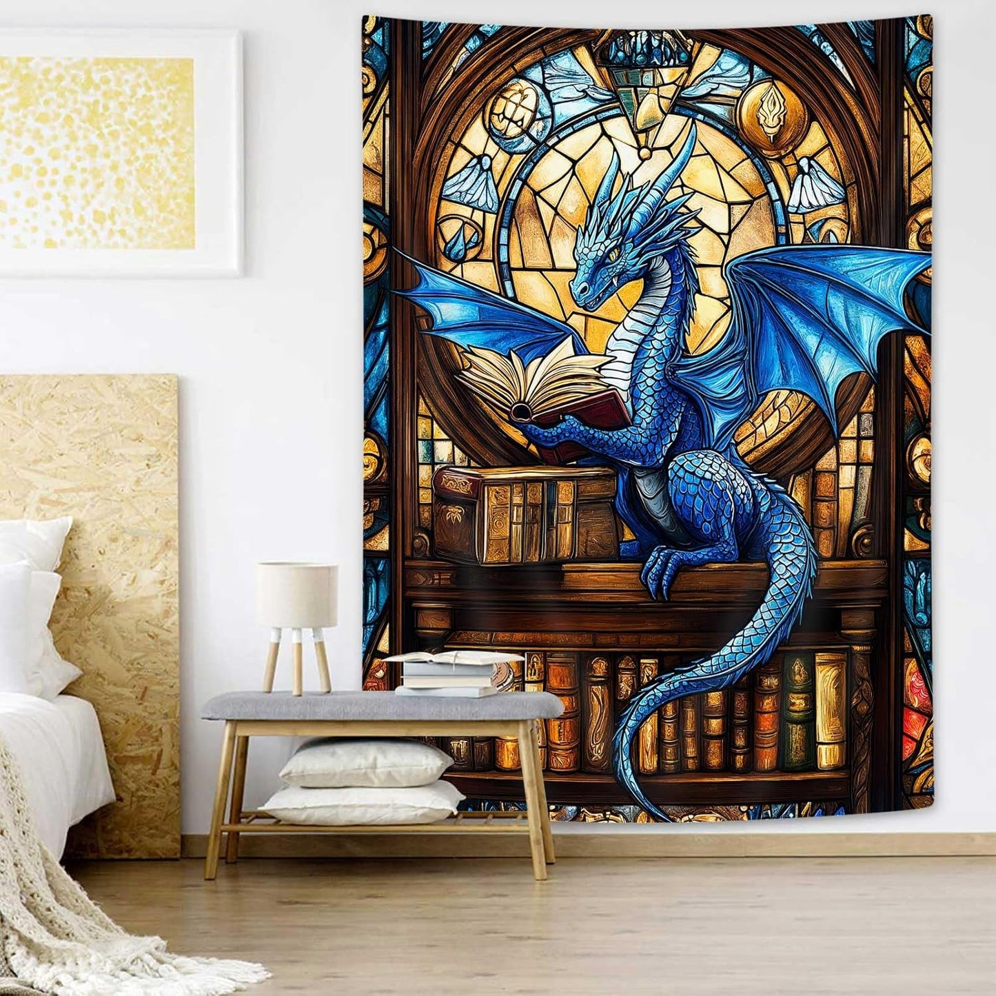 DYNH Blue Book Dragon Art Tapestry,Vintage Medieval Dragon Reading Books Wall Decor,Bookshelf Stained-glass Window Wall Hanging for Classroom Home Bedroom Living Room,60X80Inches