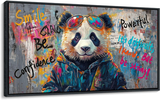 JEAWA Large Framed Canvas Wall Art, Black and White Panda Graffiti Street Art Pop Abstract Modern Paintings for Living Room Bedroom Study Office Inspirational Picture Home Decor 24x48 IN