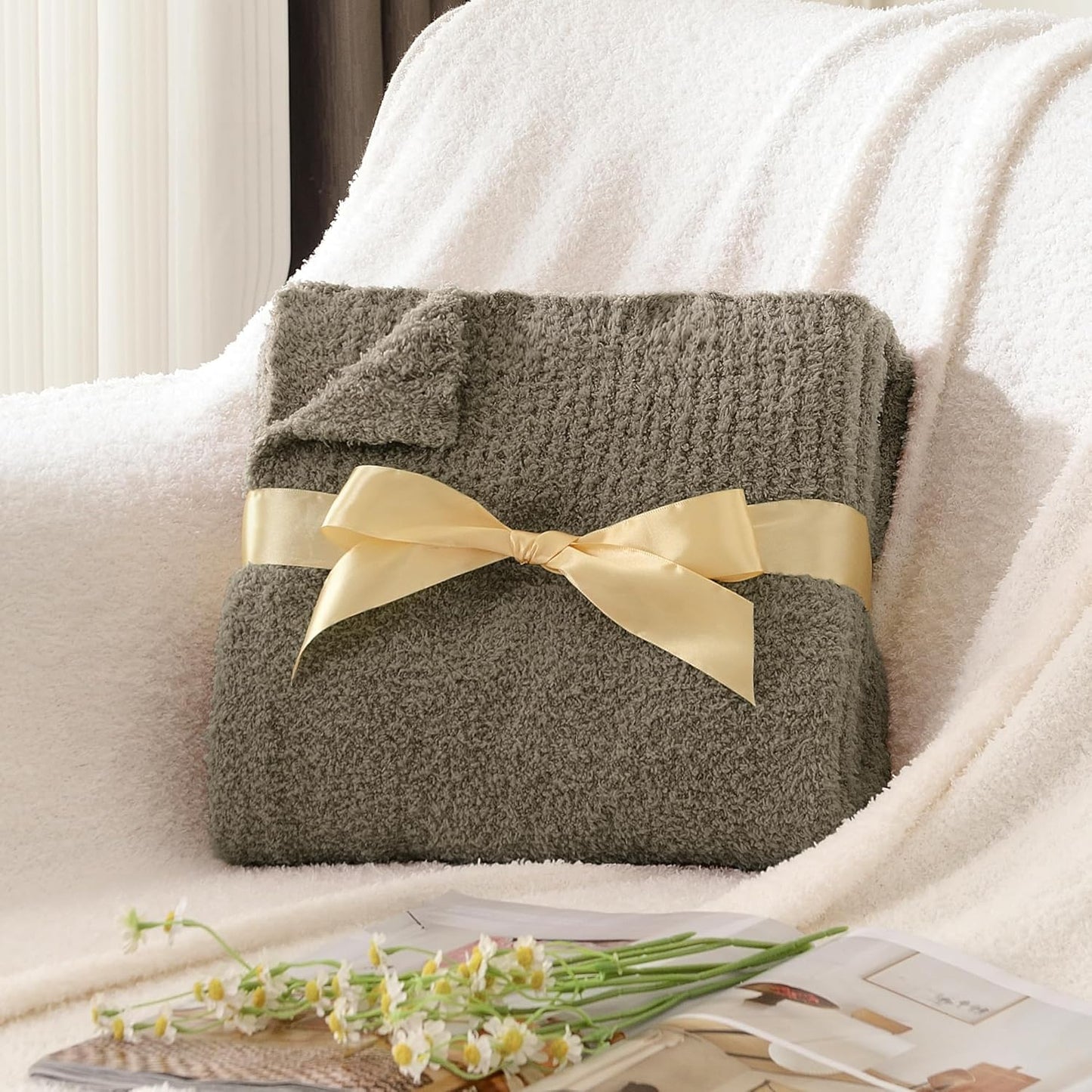 JOOJA Taupe Knit Throw Blanket Knitted Boucle Blankets Decorative Soft Fuzzy Throw Bed Blanket for Women Couch 50x60 Inches Taupe