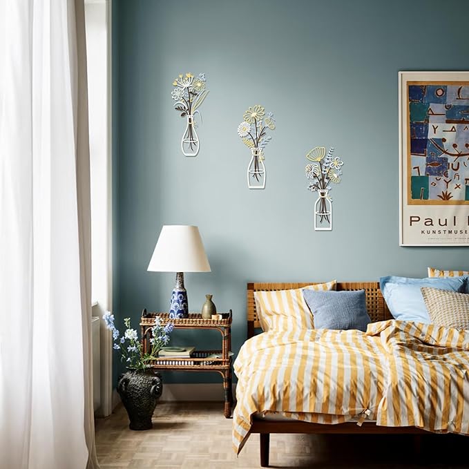 3 Pieces Metal Flowers Wall Art Decor, House Minimalist Bathroom Wall Decors Sculptures for Living Room Dining Room Bedroom Housewarming Gifts