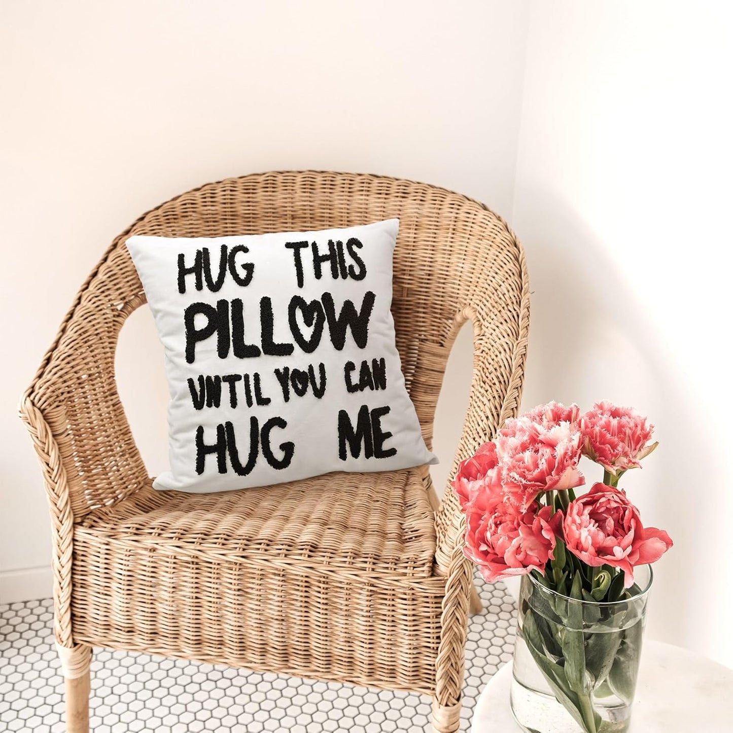 Hug This Pillow Until You Can Hug Me Throw Pillow Covers Decor for Home Bedroom, 18'' x 18'' Embroidery Pillow Case, Boyfriend Girlfriend Birthday Gifts，Long Distance Relationships Gifts (white)