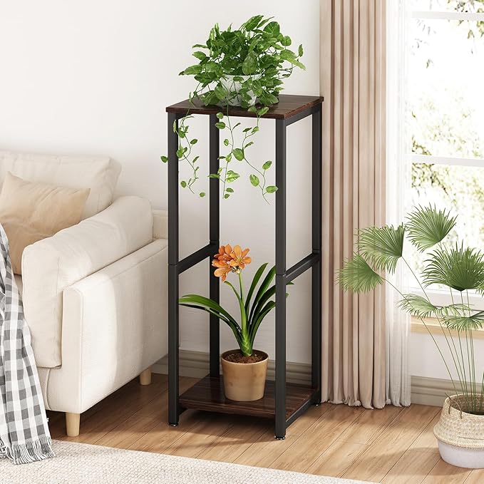 Plant Stand Indoor Corner Tall 2 Tier Metal Modern Flower Storage Plant Shelf Holder for Living Room Balcony Garden,Black Oak (2 Tier-Black Oak)
