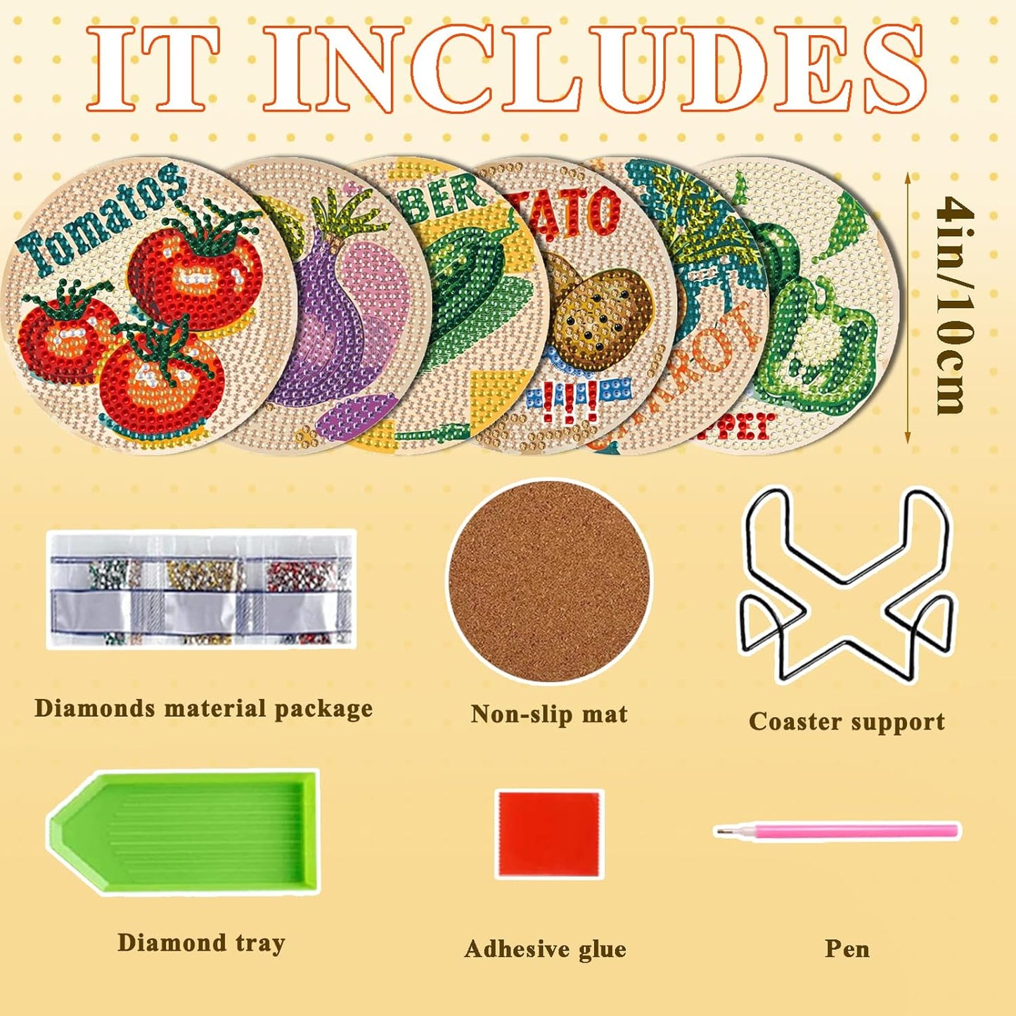 DOTSOPS 6Pack Diamond Painting Coaster with Holder 5D Diamond Art Kits for Adults Round Full Drill Beginners Gem Dots Craft Arts Supplies Party Home Decor Vegetable