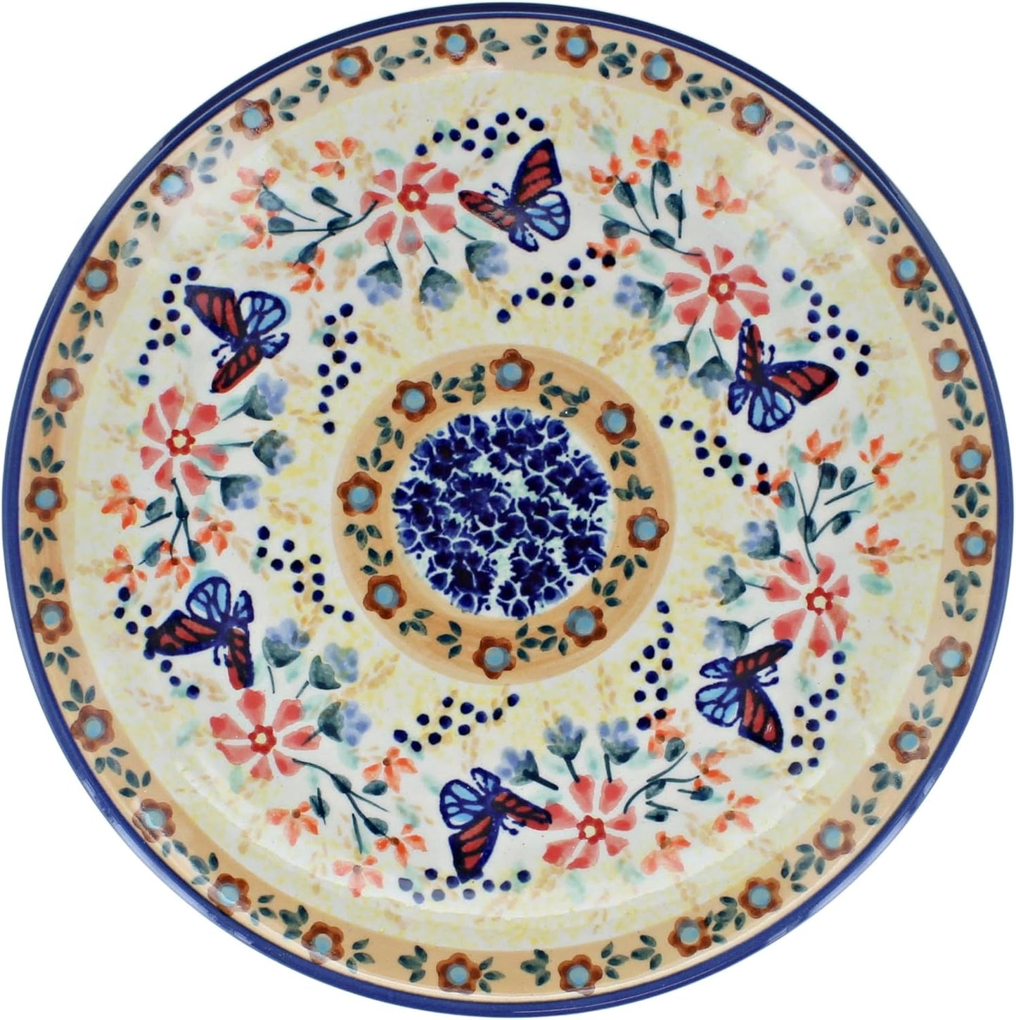 Blue Rose Polish Pottery - Yellow Blue Butterfly Dessert Plate - 7" Diameter - Beautiful Plate for Cake, Appetizers, or Snacks