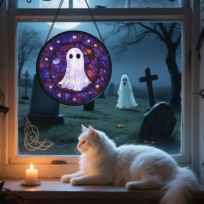 Stained Glass Window Hanging - Halloween White Star Ghost Purple Starry Sky Suncatcher for Doors Garden Indoor Spooky Sun Catchers Gothic Decor Horror Gifts for Women Men Friend 6.3 in